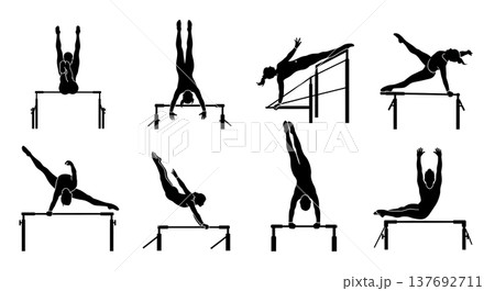 Black Solid Artistic Uneven Bars Silhouettes Set of Six on White Background Black Solid Artistic Uneven Bars Silhouettes Set of Six on White Background 137692711