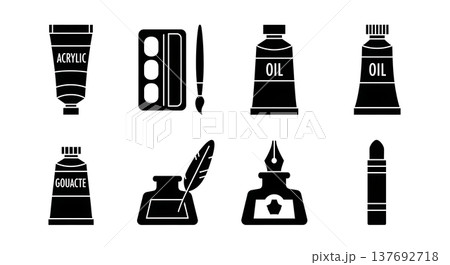 Black Solid Art Painting Mediums Silhouettes Set of Six on White Background 137692718