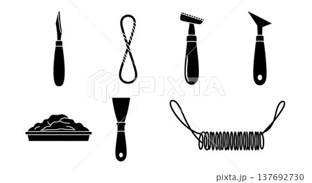 Black Solid Art Sculpting Tools Silhouettes Set of Six on White Background 137692730