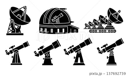 Black Solid Telescope Silhouettes Set of Six on White Background Black Solid Telescope Silhouettes Set of Six on White Background 137692739
