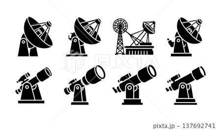 Black Solid Telescope Silhouettes Set of Six on White Background Black Solid Telescope Silhouettes Set of Six on White Background 137692741