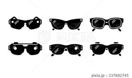 Black Solid Smart Glasses Set Silhouettes Set of Six on White Background 137692745