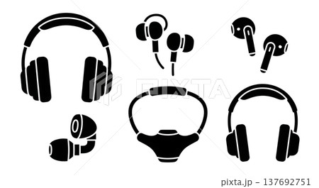Black Solid Audio Headphone Silhouettes Set of Six on White Background Black Solid Audio Headphone Silhouettes Set of Six on White Background 137692751