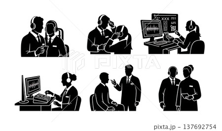 Black Solid Audiologist Silhouettes Set of Six on White Background Black Solid Audiologist Silhouettes Set of Six on White Background 137692754
