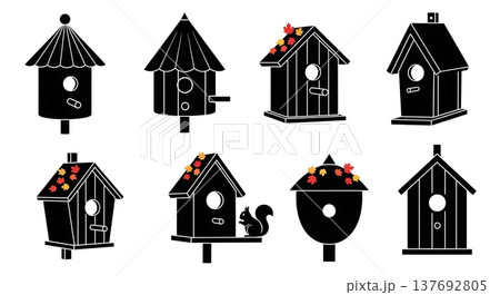 Black Solid Autumn Themed Birdhouse Silhouette Collection 137692805