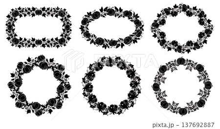 Black Solid Autumn Leaf and Pumpkin Frame Silhouettes Set of Six 137692887