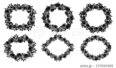 Black Solid Autumn Leaf and Pumpkin Frame Silhouettes Set of Six 137692889