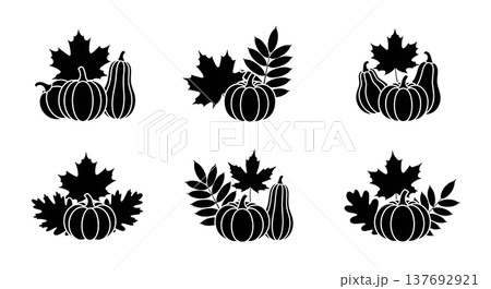 Black Solid Fall Leaves and Small Gourds Silhouettes Set of Six 137692921
