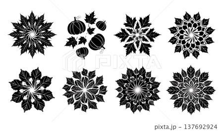 Black Solid Abstract Autumn Mandala and Swirl Pattern Silhouettes 137692924