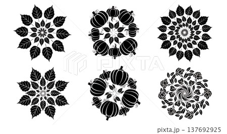 Black Solid Abstract Autumn Mandala and Swirl Pattern Silhouettes 137692925