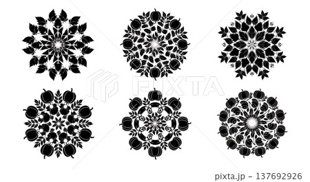 Black Solid Abstract Autumn Mandala and Swirl Pattern Silhouettes 137692926