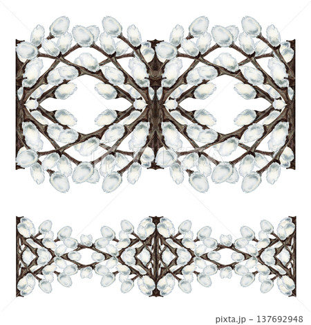 Decorative ornament of pussy willow branches. Watercolor spring botanical element isolated on white background for Easter, wedding, greeting cards, invitations, packaging and textile decoration 137692948