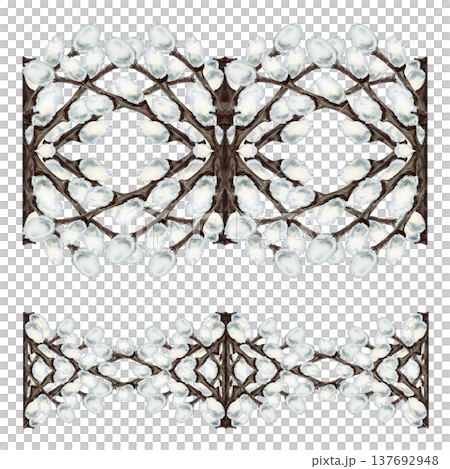 Decorative ornament of pussy willow branches. Watercolor spring botanical element isolated on white background for Easter, wedding, greeting cards, invitations, packaging and textile decoration 137692948