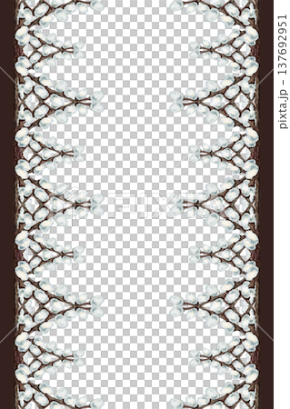 Watercolor botanical frame with decorative pussy willow borders. Hand painted spring branches border for Easter greeting cards, church, wedding invitations, stationery design, packaging, prints. 137692951