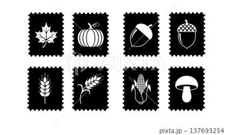 Black Solid Autumn Themed Postage Stamp Silhouette Collection 137693254