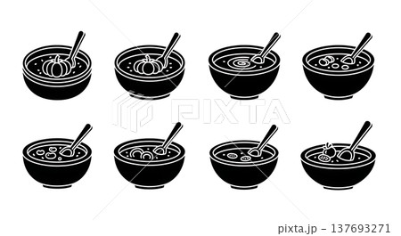 Black Solid Hearty Autumn Soup Bowl Silhouette Icons Set of Six Black Solid Hearty Autumn Soup Bowl Silhouette Icons Set of Six 137693271