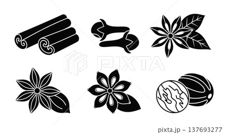 Black Solid Autumn Spice and Herb Icon Silhouettes Set of Six 137693277