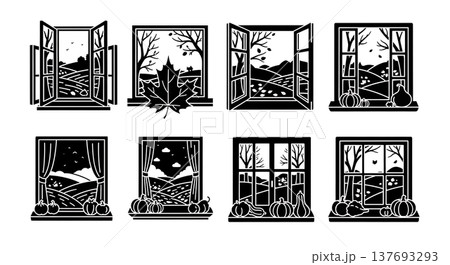 Black Solid Autumn Window Scene Silhouette Compositions Set of Six Black Solid Autumn Window Scene Silhouette Compositions Set of Six 137693293