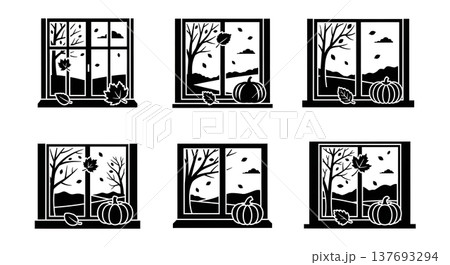 Black Solid Autumn Window Scene Silhouette Compositions Set of Six Black Solid Autumn Window Scene Silhouette Compositions Set of Six 137693294