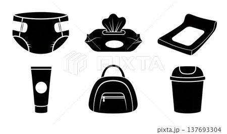 Black Solid Baby Changing Essentials Silhouettes Set of Six on White Background Black Solid Baby Changing Essentials Silhouettes Set of Six on White Background 137693304