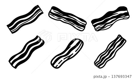 Black Solid Bacon Silhouettes Set of Six on White Background 137693347