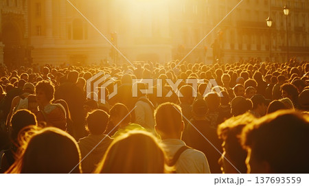 Large Crowd of People Walking Towards a Bright Golden Sunset in a Busy Urban City Square During Golden Hour Large Crowd of People Walking Towards a Bright Golden Sunset in a Busy Urban City Square During Golden Hour 137693559