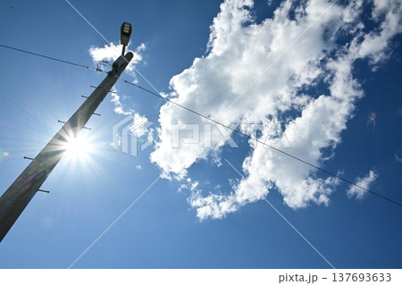青空にそびえる電柱と輝く太陽 街のインフラのイメージ 青空にそびえる電柱と輝く太陽 街のインフラのイメージ 137693633