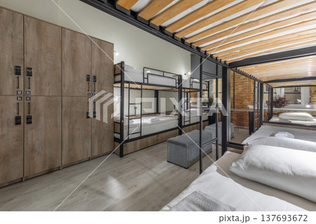 Hostel Dormitory with Bunk Beds and Wooden Electronic Lockers Hostel Dormitory with Bunk Beds and Wooden Electronic Lockers 137693672