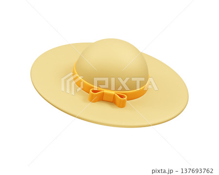 Women's summer straw hat with yellow ribbon illustration icon 137693762