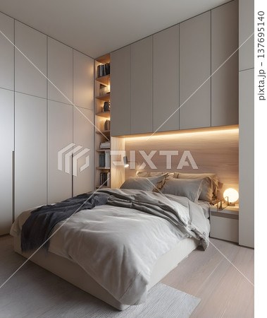 Peaceful bedroom scene with bedside lighting and easy access storage units 137695140