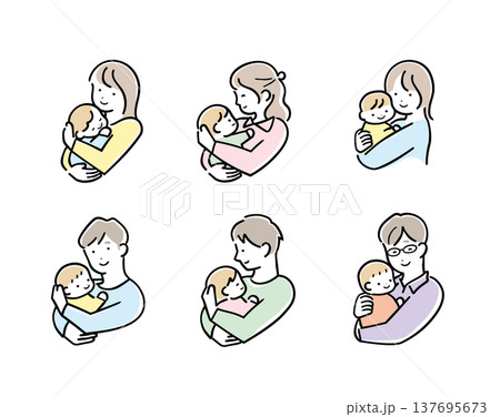 明るいパステルカラーの赤ちゃんを抱っこする母親と父親のイラストセット カラフル（親子・育児） 137695673