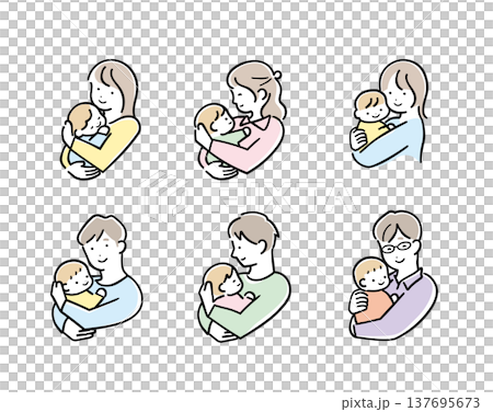 明るいパステルカラーの赤ちゃんを抱っこする母親と父親のイラストセット カラフル（親子・育児） 137695673
