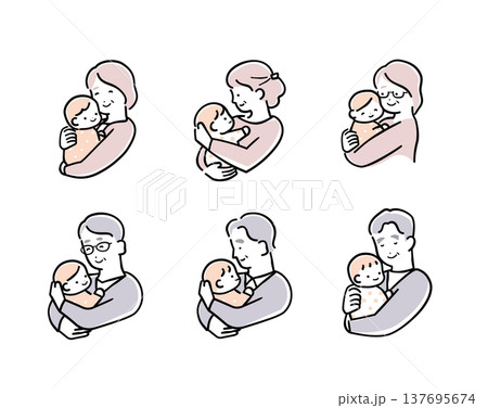 優しいシンプルカラーの赤ちゃんを抱っこする祖父母のイラストセット(祖父母と孫) 優しいシンプルカラーの赤ちゃんを抱っこする祖父母のイラストセット(祖父母と孫) 137695674