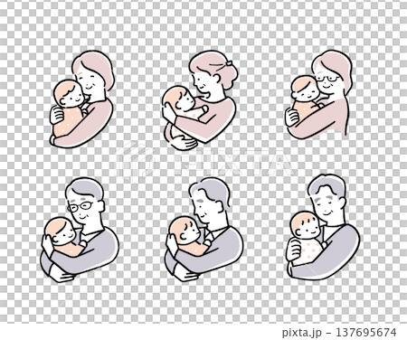 優しいシンプルカラーの赤ちゃんを抱っこする祖父母のイラストセット(祖父母と孫) 優しいシンプルカラーの赤ちゃんを抱っこする祖父母のイラストセット(祖父母と孫) 137695674