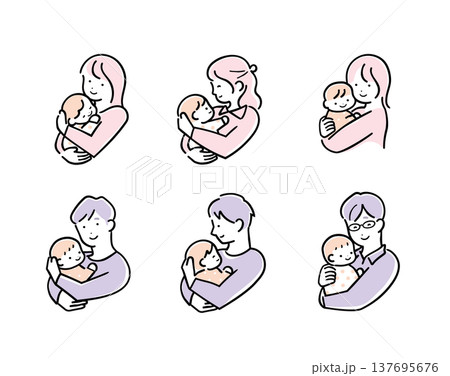 優しいシンプルカラーの赤ちゃんを抱っこする母親と父親のイラストセット(親子・育児) 優しいシンプルカラーの赤ちゃんを抱っこする母親と父親のイラストセット(親子・育児) 137695676