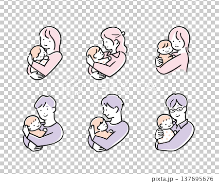優しいシンプルカラーの赤ちゃんを抱っこする母親と父親のイラストセット(親子・育児) 優しいシンプルカラーの赤ちゃんを抱っこする母親と父親のイラストセット(親子・育児) 137695676