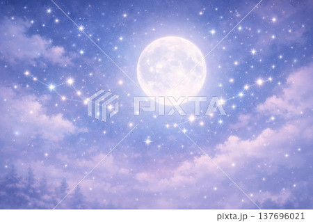 夜空に輝く満月と雲と星空に浮かぶ新月 137696021