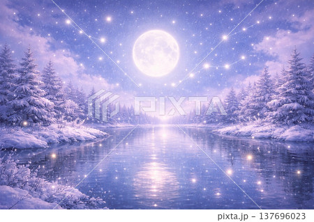 満月の夜の湖に反射する満月と幻想的な風景画 137696023