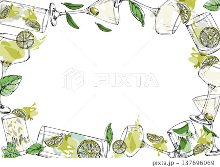 Crisp vector frame of lime-green cocktails in clean outlines. Hand drawn in ink for recipe headers, blog borders, mixology branding, packaging strips, themed stationery and elegant digital edges. Crisp vector frame of lime-green cocktails in clean outlines. Hand drawn in ink for recipe headers, blog borders, mixology branding, packaging strips, themed stationery and elegant digital edges. 137696069