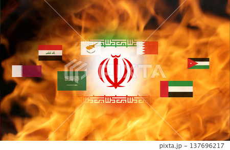 Geopolitical conflict in the Middle East concept 2026. Iranian flag surrounded by flags of Saudi Arabia, UAE, Qatar, Iraq, and Jordan on a background of intense fire and flames 137696217