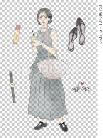 Illustration set of a woman holding an iced cafe latte and fashion accessories (summer clothing) 137696753