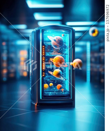 Futuristic Refrigerator Storing Glowing Planets in Neon Light 137696972