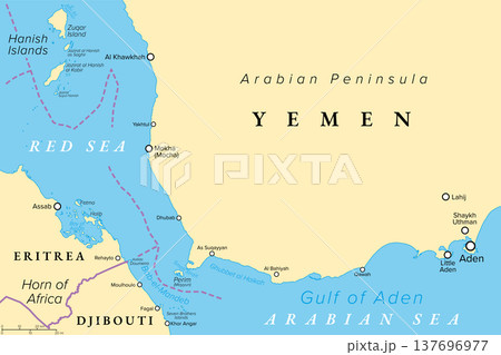 Bab-el-Mandeb or also Strait of Mandeb and surroundings, political map. Strait between Yemen on Arabian Peninsula and Djibouti and Eritrea in Horn of Africa, connecting Red Sea to Gulf of Aden. Vector Bab-el-Mandeb or also Strait of Mandeb and surroundings, political map. Strait between Yemen on Arabian Peninsula and Djibouti and Eritrea in Horn of Africa, connecting Red Sea to Gulf of Aden. Vector 137696977