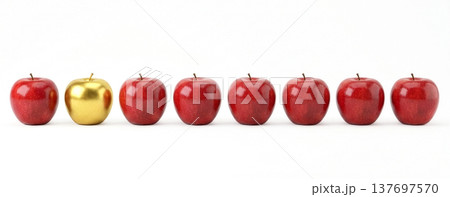パノラマショット、白い背景に一列に並んだ赤いリンゴの中に一つだけ混じっている金のリンゴ 137697570