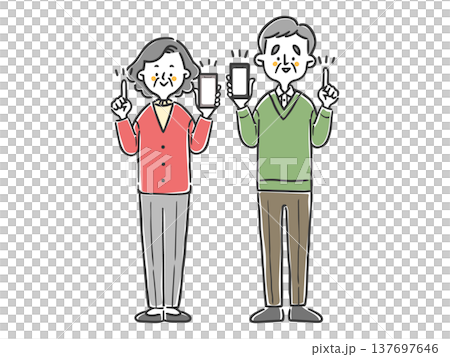 A set of full-body vector illustrations of a senior couple explaining something while holding a smartphone. A set of full-body vector illustrations of a senior couple explaining something while holding a smartphone. 137697646