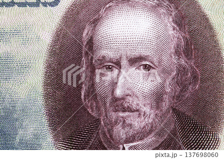 Pedro Calderon de la Barca a closeup portrait from old Spanish money Pedro Calderon de la Barca a closeup portrait from old Spanish money 137698060