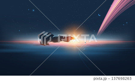 Sci-fi vector landscape of a frigate spaceship and fighter escorts patrolling near a ringed planet at sunrise. 137698263
