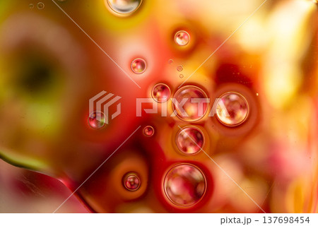 Red and pink oil bubbles in water abstract macro biological texture 137698454