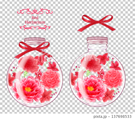 Red flower herbarium in a round bottle 137698533