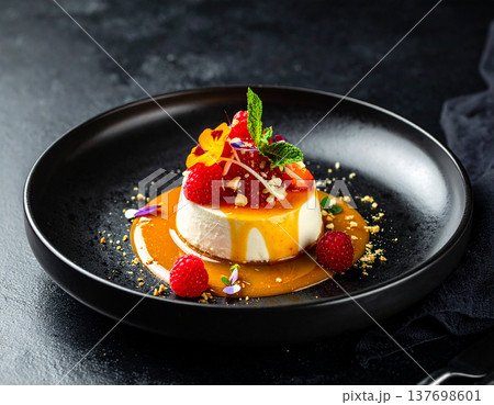 Luxury mousse dessert decorated with fresh berries and mint. for Advertisements promoting special menus. AI Generated. 137698601